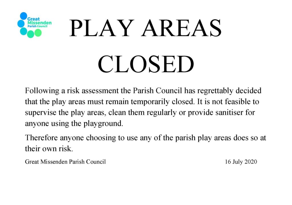 Text advising of the temporary closure of the parish owned play areas due to Covid-19