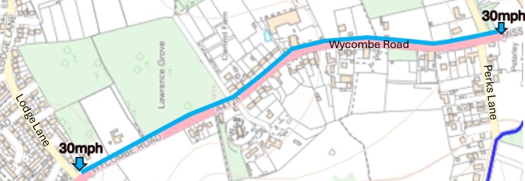 Map showing Wycombe Road Prestwood and the proposed reduction in speed between Lodge Lane and Peterley Lane junctions