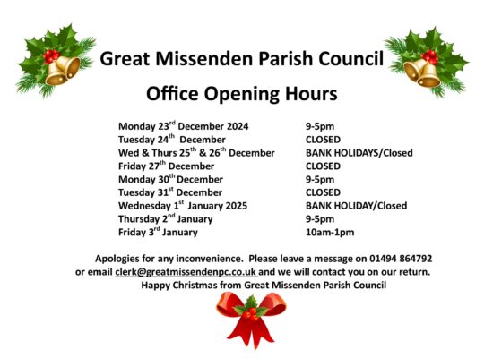 Message display the office open hours for the Christmas period Monday 23rd December 2024 9-5pm Tuesday 24th December CLOSED Wed & Thurs 25th & 26th December BANK HOLIDAYS/Closed Friday 27th December CLOSED Monday 30th December 9-5pm Tuesday 31st December CLOSED Wednesday 1st January 2025 BANK HOLIDAY/Closed Thursday 2nd January 9-5pm Friday 3rd January 10am-1pm