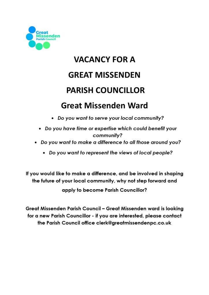 Advert for a great missenden ward parish councillor. please contact clerk on clerk@greatmissendenpc.co.uk for details